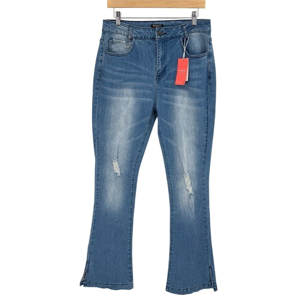 Flamingo Womens Large Flare Jeans Distressed High Rise Side Slit Denim NEW
